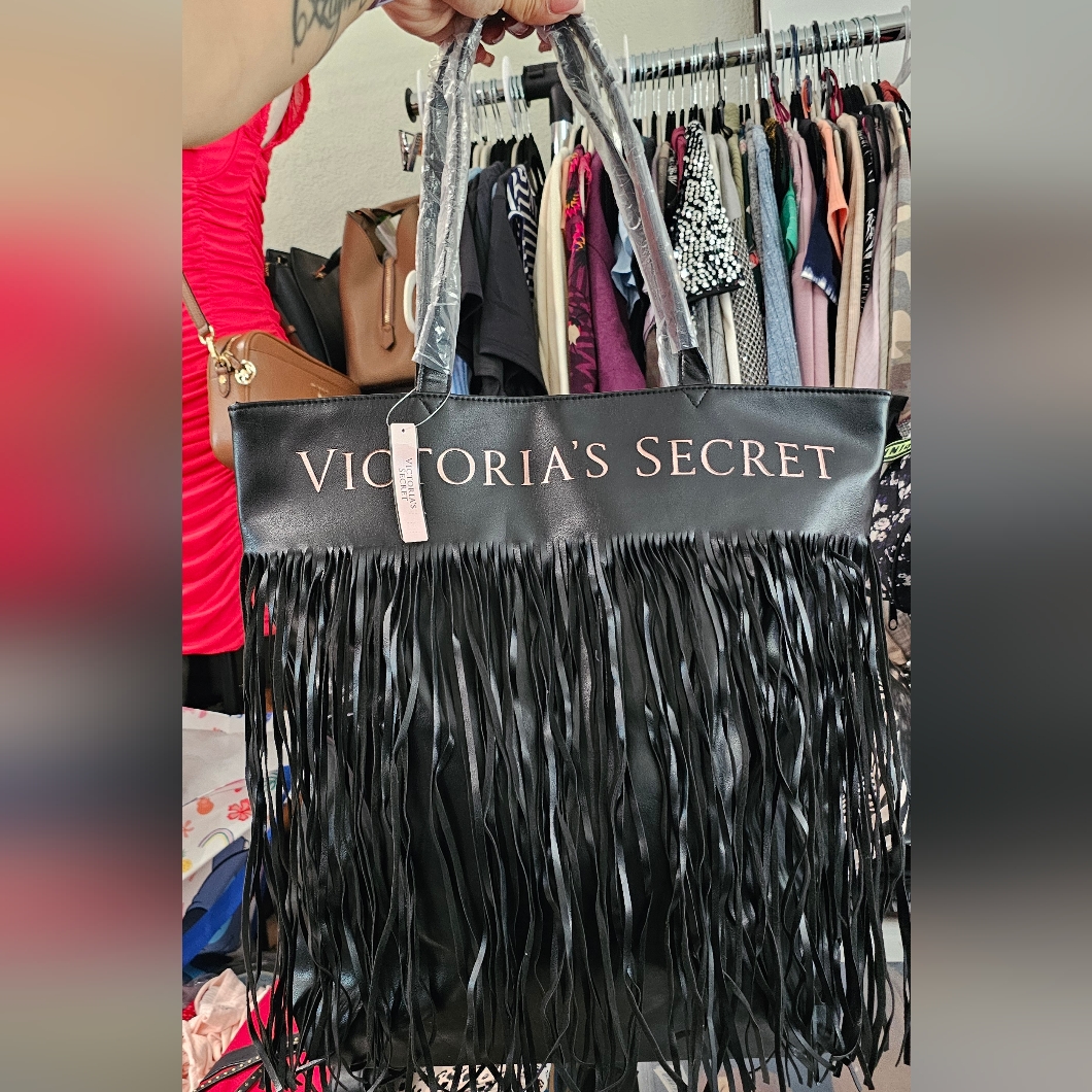 Victoria's Secret Black Fringe Tote With Pink Logo Nwt